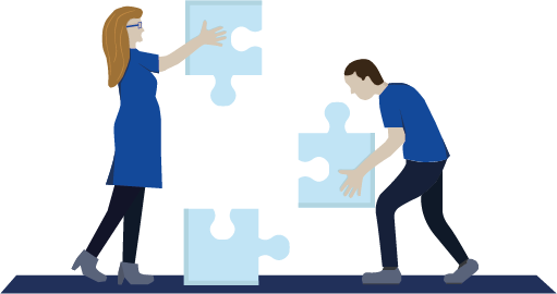 Illustration von zwei Menschen die ein Puzzle zusammen setzen. Symbolisiert die ganzheitlichen Lösungen der Full-Service Agentur Lösungsinsel in Augsburg