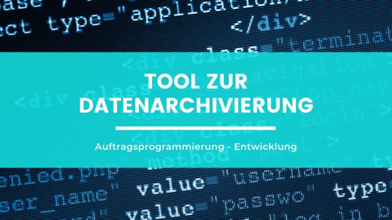 Blog Beitragsbild von Lösungsinsel: Im Hintergrund auf dunkelblauerm Hintergrund sind ein paar Zeilen Code zu erkennen. Darüber ein türkieses Rechteck mit dem Titel "Tool zur Datenarchivierung" in weiß.